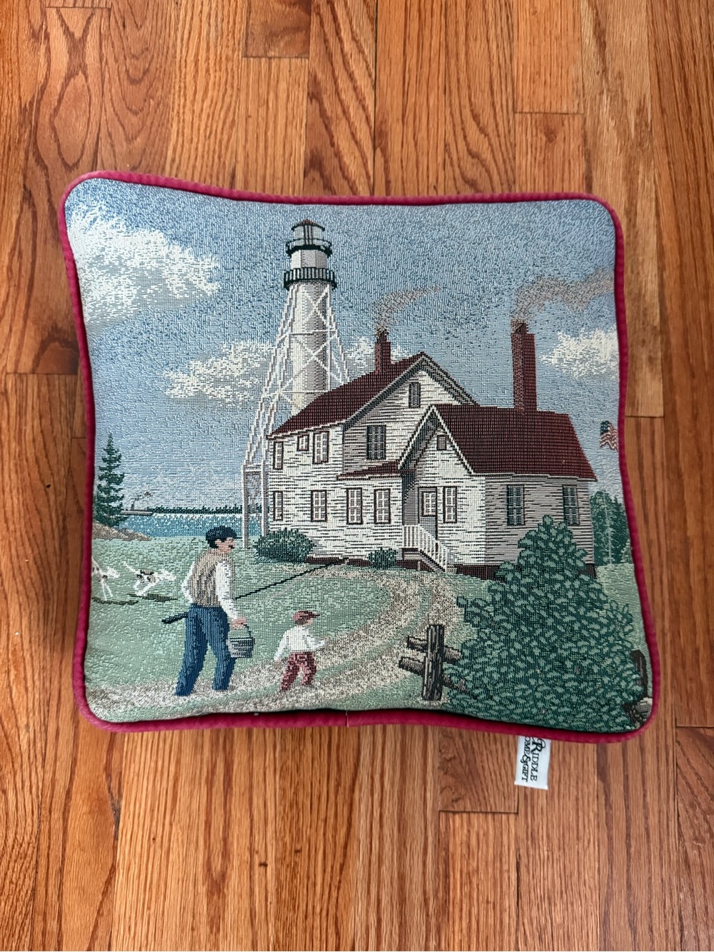 vintage-style nautical tapestry pillow father and son Portland lighthouse Maine